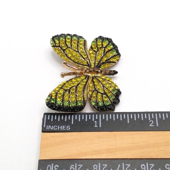 Vintage Butterfly Brooch Yellow Green Black Rhinestones Gold Tone Insect Pin - Picture 6 of 8